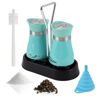 BZUEPRS Salz und Pfefferstreuer Set mit Halter, Salz und Pfeffer Streuer mit 1 Reinigungsbürste und 1 Trichter, Glas und Edelstahl salzstreuer Gewürzstreuer für Küche, Restaurant (Blau)