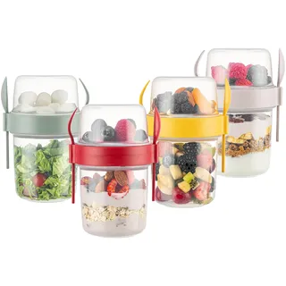 SUMELA Joghurtbecher to Go mit Löffel&Gabel 650 ML Set of 4, %100 BPA-FREI Praktischer Müslibecher to Go, Wiederverwendbarer Müsli to Go Becher zum Frühstück, Perfekt für Schule und Büro