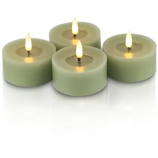 Rhytsing 4 Olivgrünen LED Kerzen mit Timer, Flammenlose Votivkerzen Echtwachs für Frühling und Sommer, Batteriebetriebene Teelichter mit Reflektierender Wachsoberfläche zu Adventskranz - D 7cm x H 3cm