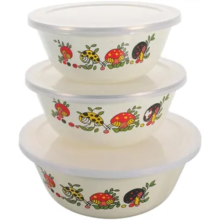 Hoement Emaille Salatschüsseln mit Deckel, Leicht, Stapelbar | Salate und Desserts, 3 Stück, Klare Silikonabdeckung, zum Aufbewahren von Speisen