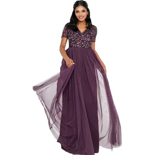Maya Deluxe Abendkleid mit Pailletten Cocktailkleid Damen mit V-Ausschnitt Tüllkleid Beere Größe 40 - 40