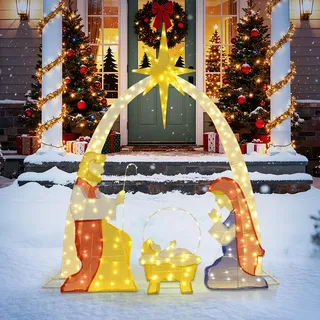 COSTWAY Krippe Weihnachten beleuchtet, 180 cm große Weihnachtskrippe, Krippeszene mit 240 warmweißen LED-Lichtern, Weihnachtsdeko Outdoor XXL, Weihnachtsbeleuchtung für Innen, Außen