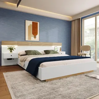 Merax Doppelbett Bettanlage mit 2 LED Nachtkommoden und USB C, Holzbett Bettrahmen mit Kopfteil und Lattenrost, 180 x 200 cm, Stilvolle Schwebebett, Schlafzimmer Komplett-Set, Weiß & Eiche Sonoma