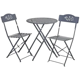 Gartenmöbel Set JARDIN DES FLEURS 3-teilig Eisen Grau Nostalgie Bistroset Balkonmöbel rund Ø 60 cm + 2 klappbare Stühle Vintage Stil Terrassenmöbel Ornament französisch Metallmöbel wetterfest