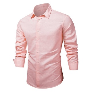 JMIERR Leinenhemd Langarm Hemden Shirts Casual Freizeithemd Baumwolle Stehkragenhemd (Leinenhemd) Regular Langarm Kentkragen Uni rosa