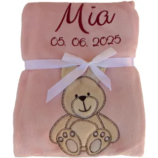 Wuff-Dogsworld Mädchen Babydecke mit Namen und Geburtsdatum Bestickt, flauschig weiche Kuscheldecke, viele Motive & Farben, Persönliches Geschenk zur Geburt (rosa Hase)