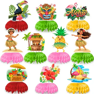 10 Stück Hawaii Party Deko,Hawaii Tischdekorationen mit Aloha Ananas Hibiskus Flamingos Papageien für Aloha Tropische Sommer Deko