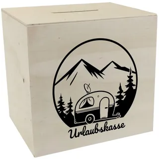 Urlaubskasse Spardose aus Holz in schwarz-weiß mit Wohnwagen - Camping im Wald bedrucktes Sparschwein als Geschenkidee für Camping Fans mit Campingwagen und schönem Motiv in den