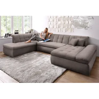 Wohnlandschaft DOMO COLLECTION "NMoric im XXL-Format, B/T/H: 353/216/80 cm, incl. Zierkissen U-Form", grau (taupe), B:353cm H:80cm T:216cm, Microfaser PRIMABELLE (100% Polyester), Chenille (85% Polyester, 15% Acryl), Luxus-Microfaser (100% Polyester), Struktur ( 100% Polyester), Sofas, wahlweise mit Bettfunktion und Armlehnenverstellung