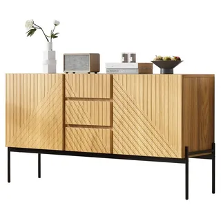 BlingBin Sideboard Kommode Buffetschrank Beistellschrank Anrichte Aufbewahrungsschrank (Komodenschrank mit 2 Türen und 3 Schubladen, Metallbeinen, 1 St., Maße: H75cm/B140cm/T40cm, Tragkraft: Tischplatte-50KG, Schubladen-20KG), Linien-Design Küchenschrank für Wohnzimmer Esszimmer, Natürlich gelb