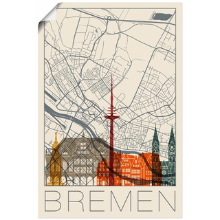 Wandbild ARTLAND "Retro Karte Bremen" Bilder Gr. B/H: 40 cm x 60 cm, Poster, beige (naturfarben) Bild Poster Bilder als Alubild, Leinwandbild, Wandaufkleber oder in versch. Größen
