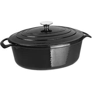 Vogue Ovale emaillierte Gusseisen-Kasserolle mit Deckel - 5 Liter, Schwarz, Größe: 110(H) x 243(B) x 295(T) mm, induktionsgeeignet, geeignet für alle Ofen- und Kochfeldtypen, Dutch Oven, GH306