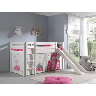 Spielbett Hochbett Kinderbett 90x200 Rutsche Vorhang Prinzessin Weiß Rosa Holz