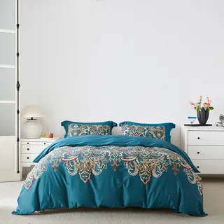 SUSYBAO Bohemian Paisley Duvet Cover King 100% Egyptian Cotton Teal Boho Damast Duvet Cover Set 3 Pieces 1 Vintage Bohemian Duvet Cover with Zipper Ties 2 Pillowcases Luxury Soft Boho Bedding Set