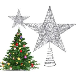 Christbaumspitze Stern Silber Metall – Eleganter Tannenbaumspitze Stern Silber mit 3D Glitzer-Finish, Stabile & Leichte Montage, Perfekter Weihnachtsbaumstern Spitze für eine Festliche Baumkrone
