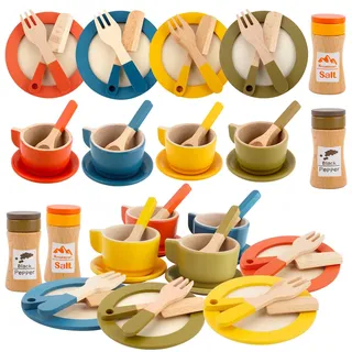 TOSAVGA 26PCS Holzgeschirr Sett, Kinderküche Zubehör, Spielküche Geschirr für Kinder, Küche Zubehör Kinder, Bildung Küche Rollenspiel Lernspielzeug für Mädchen und Jungen ab 3 Jahren