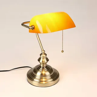 WRMING Orange Bankerlampe Vintage Glas Schreibtischlampe mit Zugschalter Poliert Messingbasis Bürolampe Retro Tischlampe für Bibliothekslampe Leselampe Einstellbar Glasschirm 1 Flammig E27