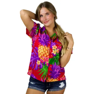 King Kameha Funky-Hawaii-Bluse-Hemd, Damen, Kurzarm, Pineapple, Rot, S - S