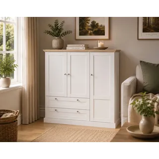 OTTO home Kleiderschrank Binz, Wäscheschrank, Mehrzweckschrank, skandinavischer Landhausstil (B/H/T ca. 122/130/35 cm) viele Stauraummöglichkeiten, Metallgriffe, Türen mit Rahmen/ Kassetten weiß