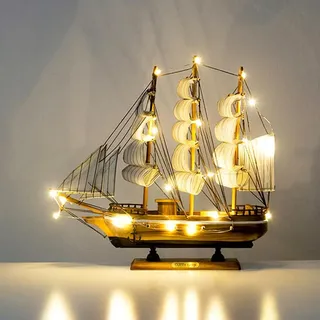 GarveeHome Stimmungsvolles LED Nachtlicht Segelboot Aus Holz Maritimes Tischdeko Modell Vintage Schiff Mit Beleuchtung Für Wohnzimmer, Schlafzimmer, Büro Ozean Thema Mediterraner Look