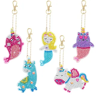 AUAUY 5D DIY Diamond Art Painting Schlüsselanhänger Set, 5pcs Strass Diamant Malerei Schlüsselanhänger, Diamant Painting Anhänger Kunsthandwerk für Weihnachten Kindergeburtstag Mädchen Geschenke