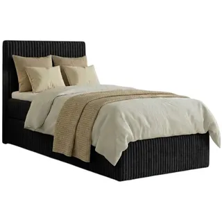 A&J MöbelLand GmbH Boxspringbett Einzelbett RALFI mit Bettkasten und gepolstertem Kopfteil (Boxspringbett mit Bettkasten und gepolstertem Kopfteil – wahlweise mit Visco- oder T25-Topper) schwarz 90 cm x 200 cm