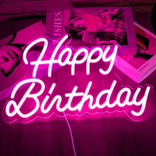 Happy Birthday NeonSchild Heimdekoration Lichter Leuchtschild Happy Birthday Geburtstagsparty Dekoration, dimmbarer Schalter wiederverwendbar,LED Brief NeonSchild USB Netzteil(Rosa)