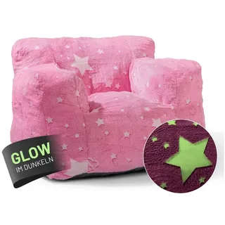Lumaland Sitzsack Kinder Sessel Glow in The Dark, Kindersofa im Sternen-Design, Indoor Kindersessel fürs Kinderzimmer rosa