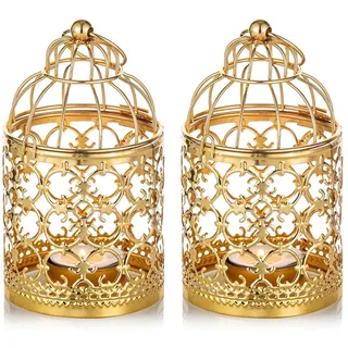 NUPTIO 2 Stück Kleine Metall Teelicht Hängen Vogelkäfig Laterne, Vintage Dekorative Mittelstücke Der Hochzeit & Party, Gold Teelichthalter Kerzenständer Weihnachten Deko, Laternen für Draußen