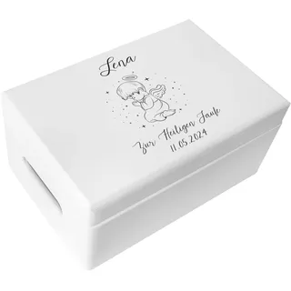 Creative Deco Weiß Personalisiert zur Taufe Geschenk für Mädchen und Junge | Engel Motiv | Holzkiste Erinnerungsbox Deko | Individuelles Geschenk Spielzeugkiste Holzbox mit Deckel | Spardose