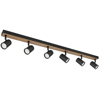 Deckenleuchte Deckenstrahler schwarz Spot Spotleiste 6 flammig, MDF Holzoptik skandinavisch, 6x GU10 Fassungen, LxBxH 115x6x13,5cm
