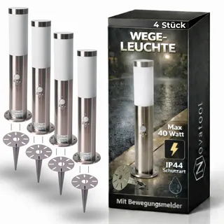Novatool 4x Wegeleuchte I 45 cm I mit Bewegungsmelder I mit Erdspieß I Edelstahl I IP44 I E27 Sockel I Wegebeleuchtung aussen Aussenleuchten Garten Standleuchte Terassenleuchte Gartenleuchte
