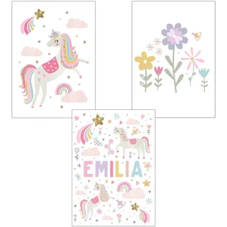 3er Set Poster Regenbogen Wolke Blume Einhorn Tier Kinderzimmer Deko Bilder Set Junge Mädchen Babyzimmer Kinderbilder (Stil 1,40x50cm)