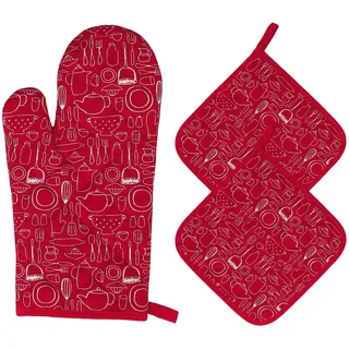 Ofenhandschuhe und Topflappen Set Backhandschuhe Hitzebestaendig 1Topfhandschuhe und 2 Topflappen Kochhandschuhe für Küche Kochen Backen BBQ Grillen 3 Stück (Rot)
