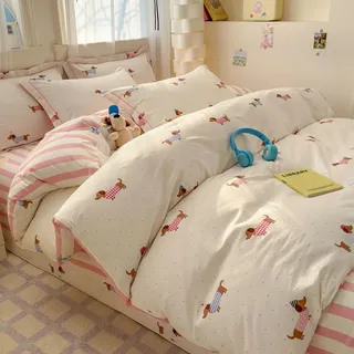 Covebett Dackel Bettwäsche 155x220 Rosa Gestreift mit Dackelmotiv Bettbezug Set 2teilig Weich Microfaser Rosa Streifen Dachshund Hunde Mädchen Deckenbezug und Kissenbezug 80x80 mit Reißverschluss