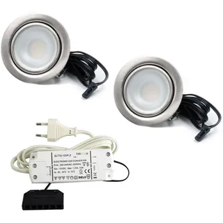 vislux 2er Set LED Einbaustrahler Möbelleuchte Möbeleinbaustrahler flach 2,7W LED 12V/ DC warmweiß 3000K / 200Lm Farbe Edelstahlgebürstet + 15Watt LED Trafo 230V