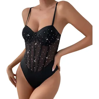 weltall kostüm Damen, Damen Body Sexy Sheer Mesh Ärmellose Bodysuit Bluse Pailletten Tops Glitzer Camisole Jumpsuit Transparenter Spaghettiträger Stretchy Netz Unterziehbody