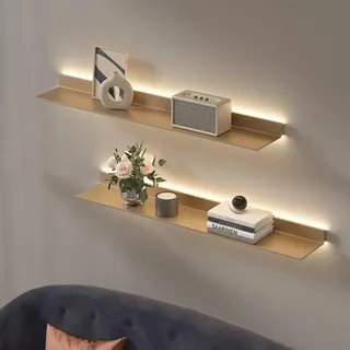 cendbirut LED-Regale, schwebende Wandregale mit LED, an der Wand montiertes Wandregal, LED-Regal, Metall-Ausstellungsregale für das Homeoffice, gewerbliche Bar,Gold,120x23cm