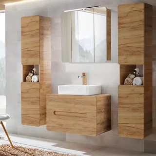 Lomadox Badmöbel Komplett Set mit 80 cm Waschtisch & LED-Spiegelschrank, Wotan Eiche Nb., Hochschrank, 3 Hängeschränke
