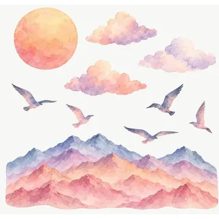 Wandtattoo Kinderzimmer Ombre Sonnenuntergang Berge, 10er Set, Berge, Sonne, Vögel, Wandsticker selbstklebend und ablösbar, 70 x 70 cm - Lila/Bunt