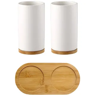 BULZEU Badezimmer Zubehör Set, Keramik Mundschale Zahnbürstenhalter für Zahnpasta Bambus-Lagerung Bord, Inklusive Zahnbürstenhalter, 2 Tassen Zahnputzbecher Weiße Keramik und Bambus