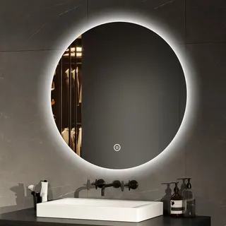 EMKE LED Badspiegel Rund 70 cm LED Spiegel Badezimmerspiegel mit Beleuchtung Kaltweiß Lichtspiegel Wandspiegel Touchschalter IP44 Energiesparend - Silber