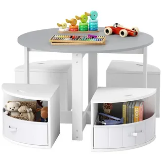 COSTWAY Kindersitzgruppe, (5-tlg), Kinderschreibtisch, 4 Hocker, mit 4 Schubladen grau