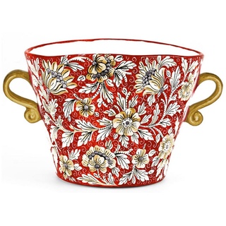 Casa Padrino Luxus Keramik Blumentopf mit 2 Tragegriffen Rot / Mehrfarbig Ø 27 x H. 20 cm - Handgefertigter & handbemalter Keramik Pflanzentopf - Luxus Qualität - Made in Italy