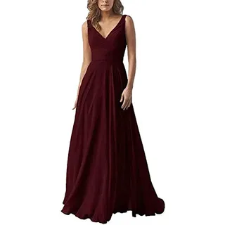 yhfshop Abendkleider Elegant,Kleid aus Chiffon mit doppelter Schulter und V-Ausschnitt, A-Linien-Partykleid-Red Wine_32,Ballkleid Brautjungfernkleider Festkleid