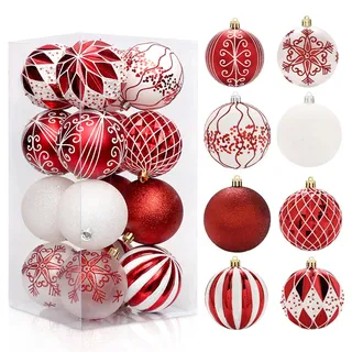 GLITZFAS Weihnachtskugeln 8cm 16 Stück, Kunststoff Christbaumkugeln Weihnachtsdeko Weihnachtsbaumschmuck mit Aufhänger Baumschmuck Weihnachten Deko Ornamente (Rot und Weiß)