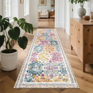 Enyhom Teppich Läufer Flur rutschfest 75 x 305cm Langer Vintage Boho TeppichLäufer Kurzflor Eingangstürmatte Waschbar Flauschig Weich Teppich Küche für Waschküche Eingang, Bunte
