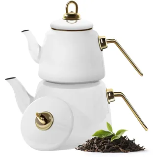 Homelux Teekanne Set, Wasserkessel Induktion Teekocher aus Emaille, Induktionsgeeignet, 2L+1L, Türkische teekanne, Caydanlik,Weiß