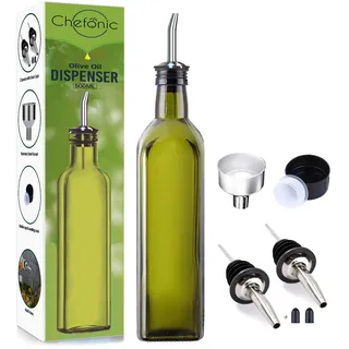 Olivenöl Ölspender 500ml, Grün Glas Ölflasche, mit 1 Trichter, 2 Edelstahl Ausgießer, Drizzler, Schlanke & Moderne Flasche für Küche, Speiseölbehälter