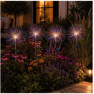 pedete LED Solarleuchte LED Solar Gartendeko 4 Stück Solarlampen Garten 80 LED Feuerwerk, LED fest integriert, gartendeko, solarlampen für außen, Warmweiß, Bunt, Leuchtmittel, Wetterfest Pusteblume Solarlampen 8 Modi mit Erdspieß 4 Stück bunt